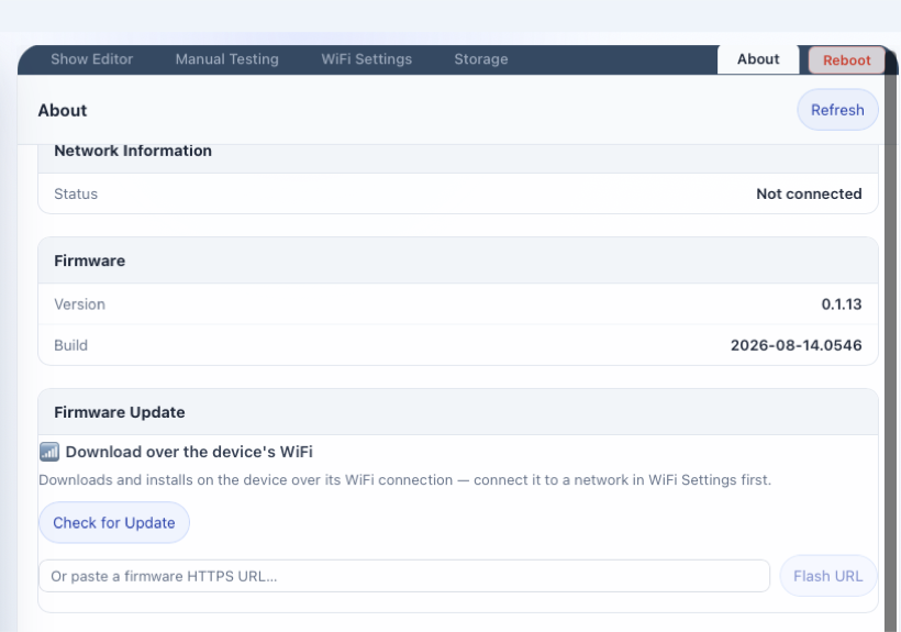 The About page's Firmware Update panel, showing the current firmware version, build date, and a Check for Update button