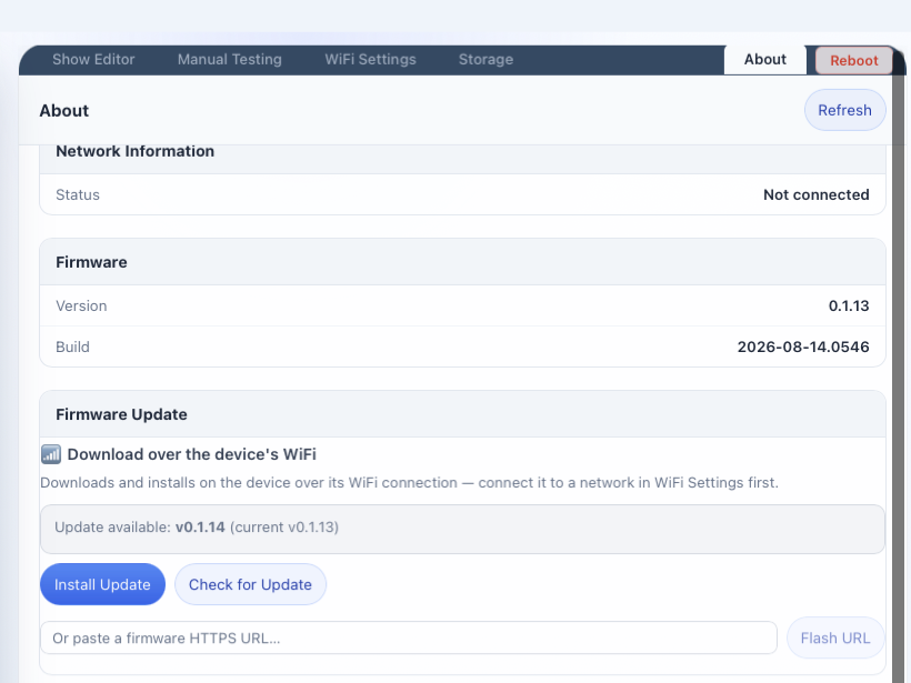 The Firmware Update panel showing "Update available: v0.1.14 (current v0.1.13)" with Install Update and Check for Update buttons