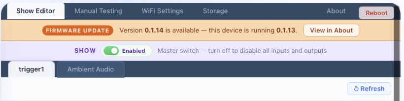 The Show Editor with a firmware update banner reading "Version 0.1.14 is available — this device is running 0.1.13" and a View in About button
