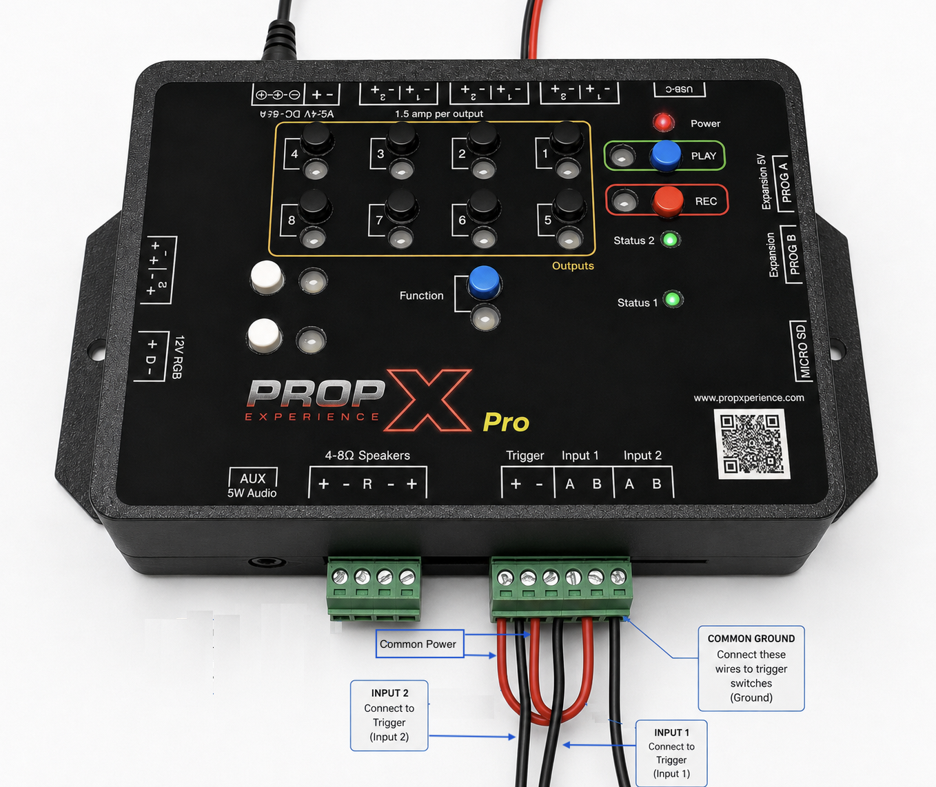 Labeled trigger wiring diagram: Input 1 and Input 2 signal wires, the common ground wire, and the common jumper wire