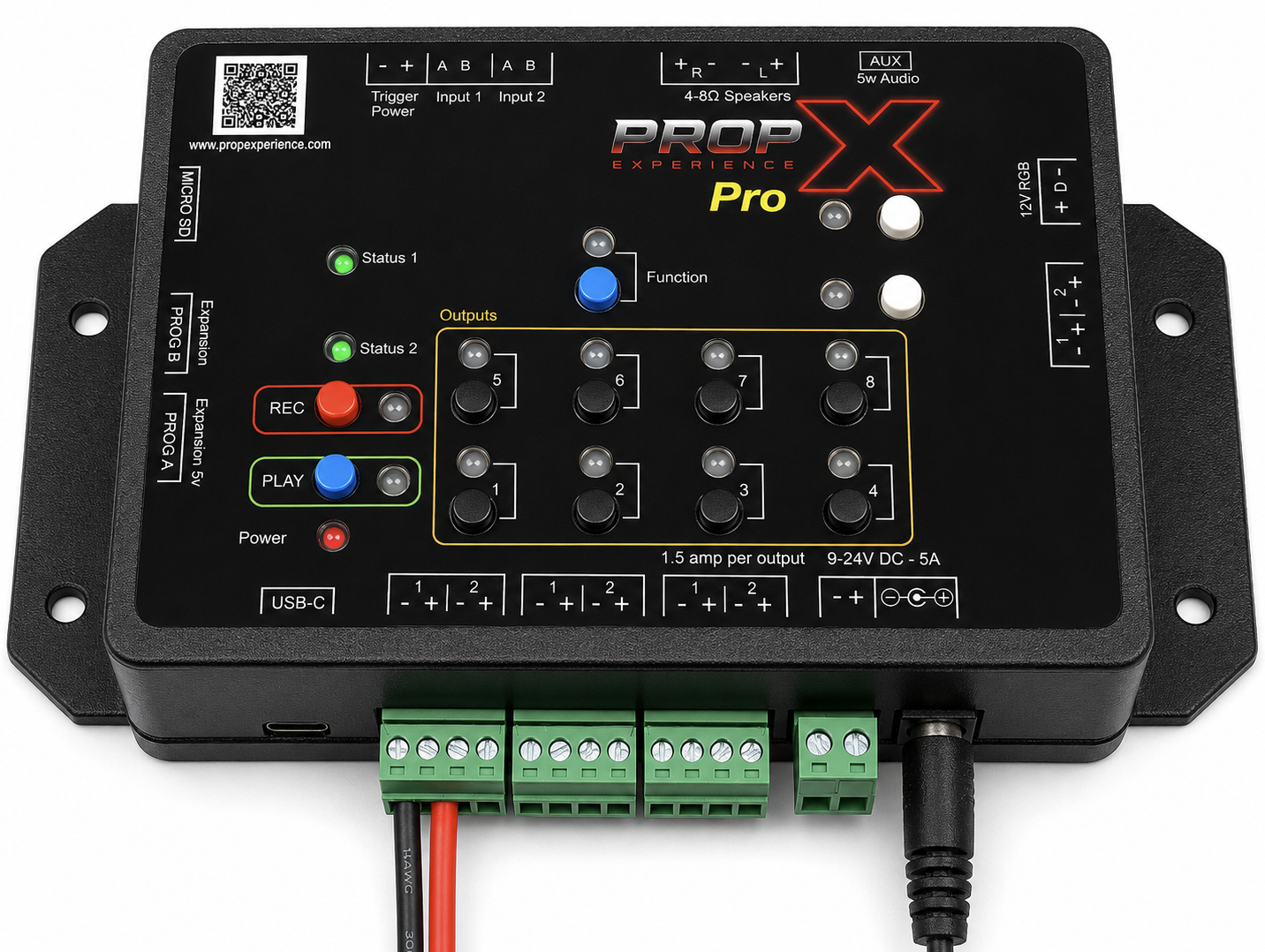 Prop wires connected to an output terminal pair, with the power supply plugged into the DC jack